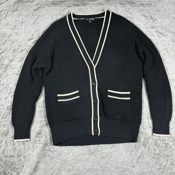 J Crew Tipped Knit Cardigan Sweater Womens S Black Cotton Chunky Preppy Capsule - Picture 1 of 9